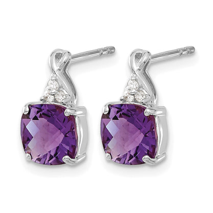 14k White Gold 7mm Cushion Checkerboard February/Amethyst and Diamond Post Earrings
