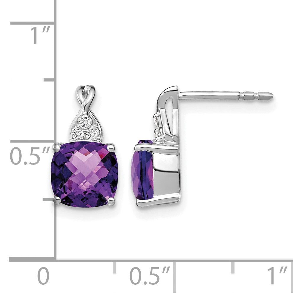 14k White Gold 7mm Cushion Checkerboard February/Amethyst and Diamond Post Earrings