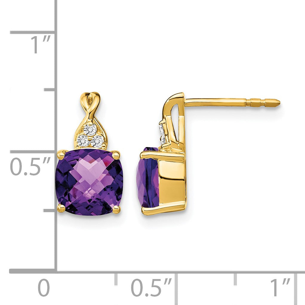 14k 7mm Cushion Checkerboard February/Amethyst and Diamond Post Earrings