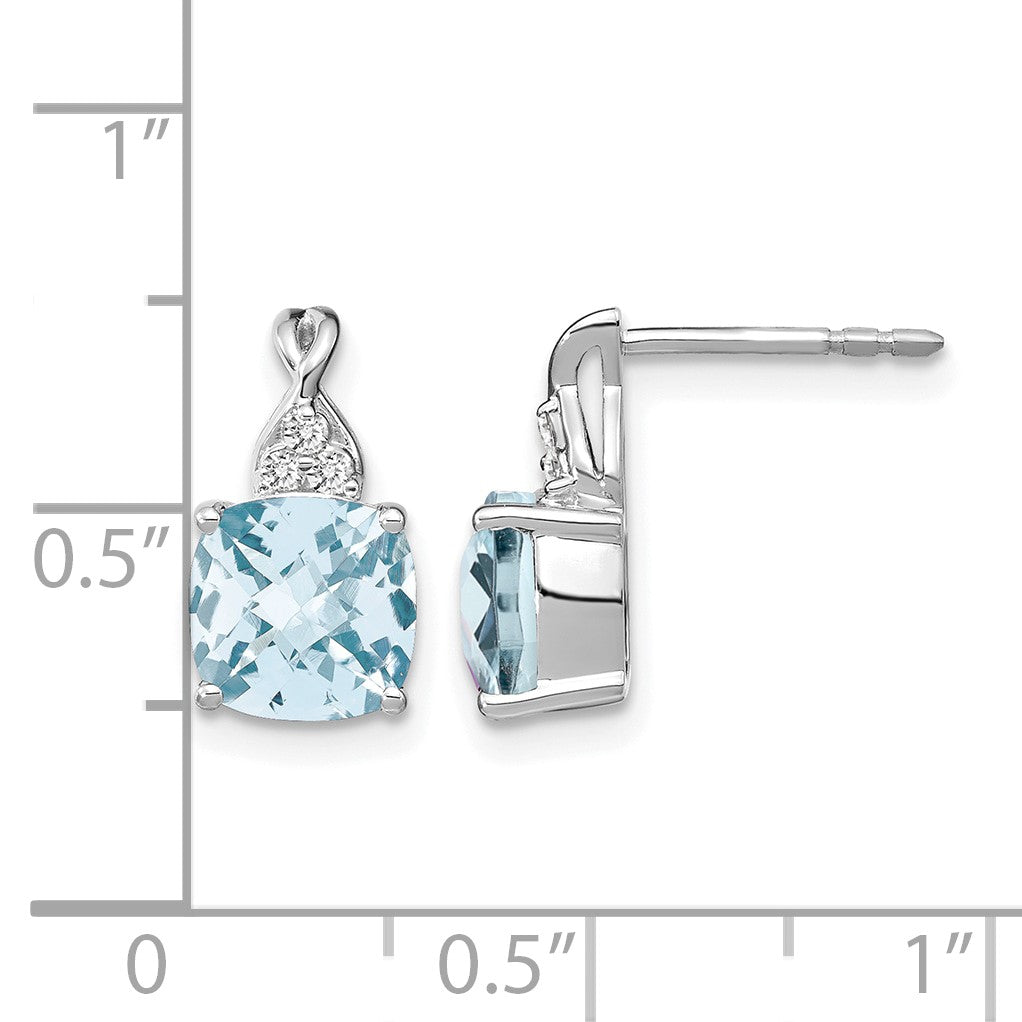 14k White Gold 7mm Cushion Checkerboard March/Aquamarine and Diamond Post Earrings