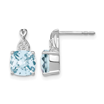14k White Gold 7mm Cushion Checkerboard March/Aquamarine and Diamond Post Earrings