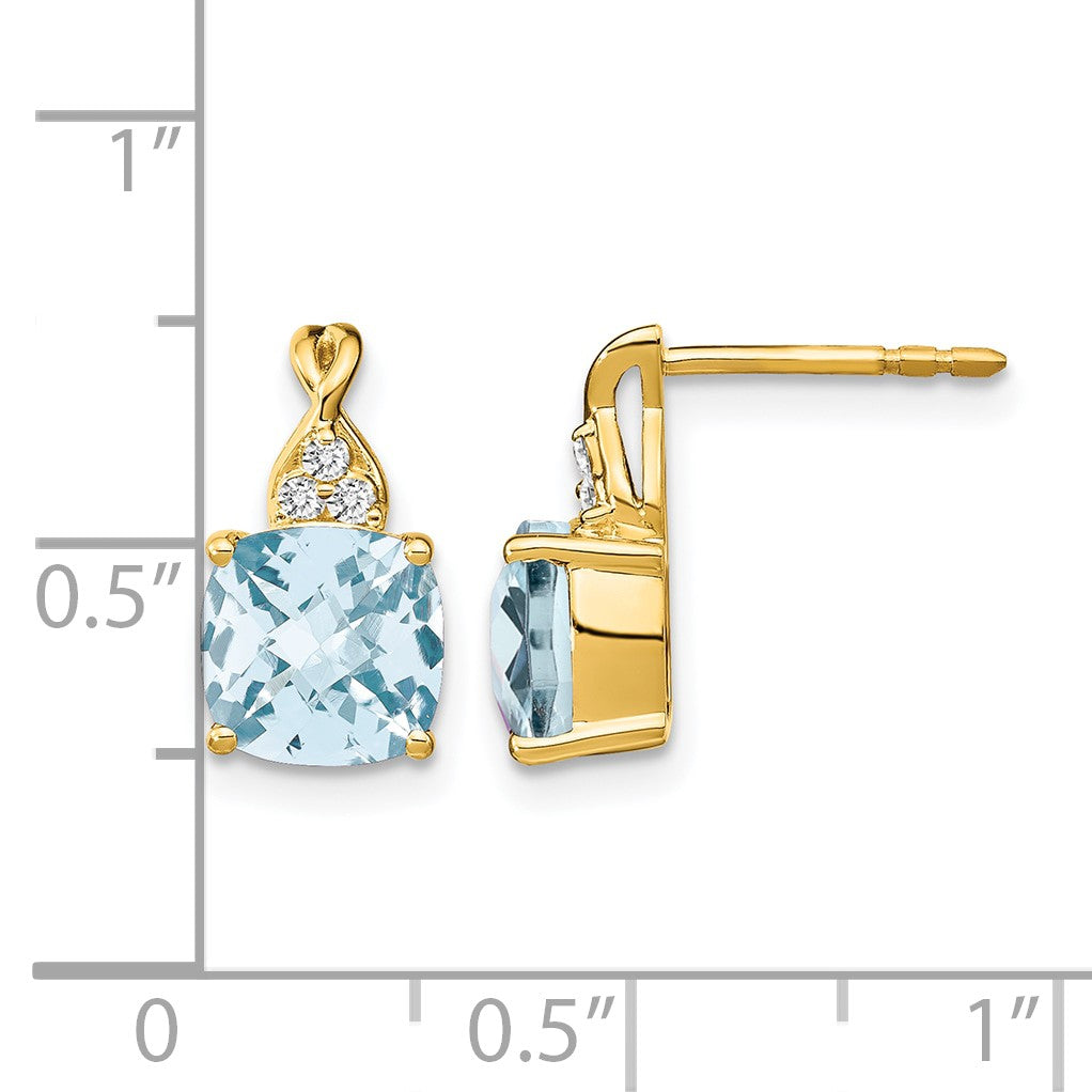 14k 7mm Cushion Checkerboard March/Aquamarine and Diamond Post Earrings