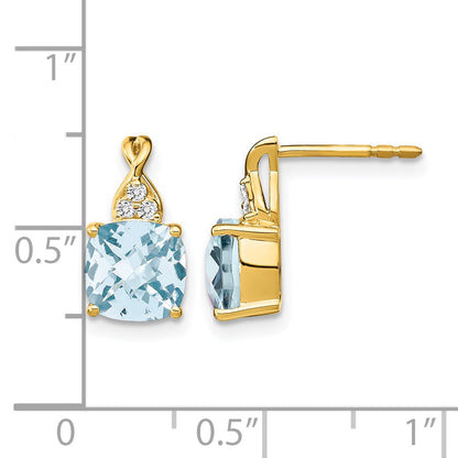 14k 7mm Cushion Checkerboard March/Aquamarine and Diamond Post Earrings