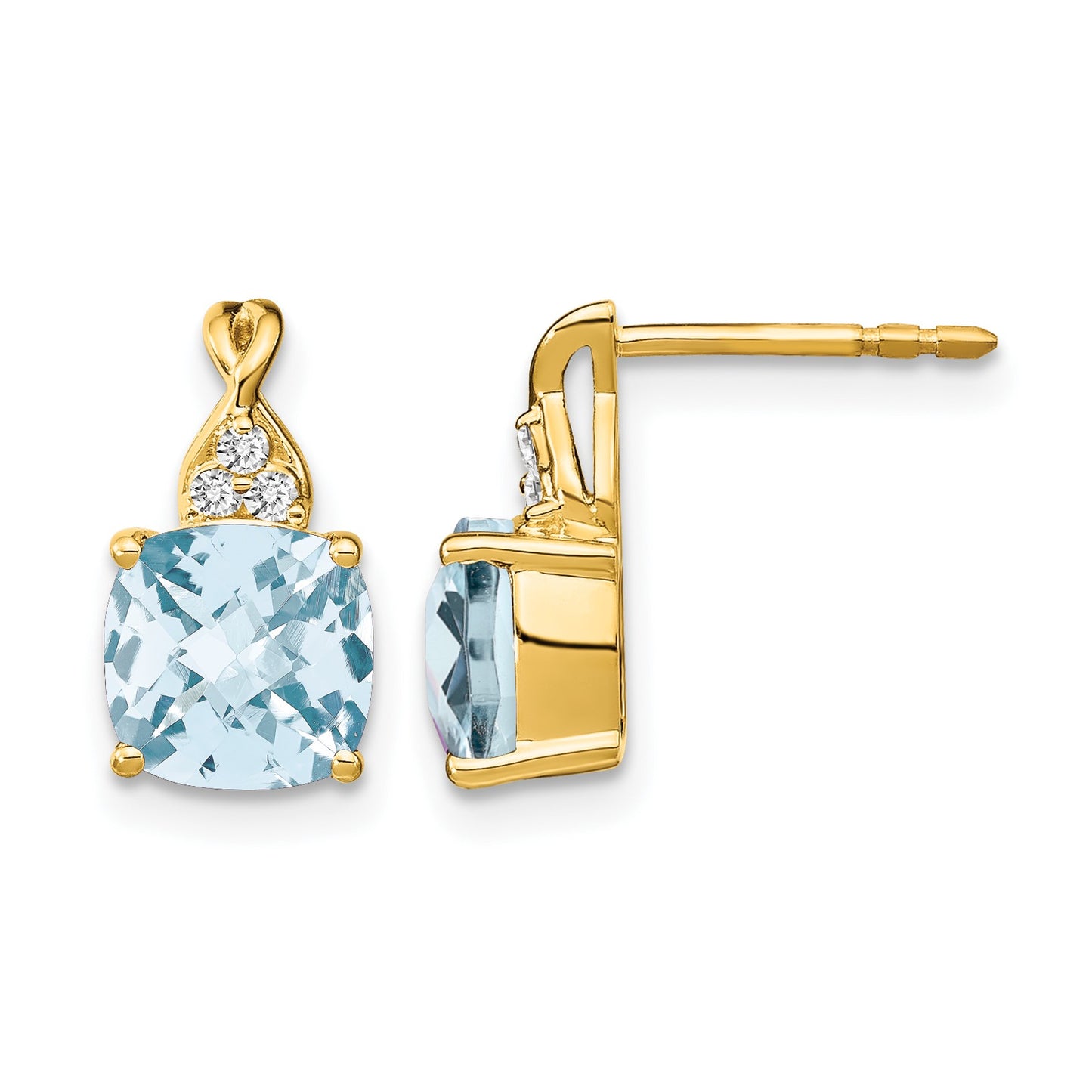 14k 7mm Cushion Checkerboard March/Aquamarine and Diamond Post Earrings