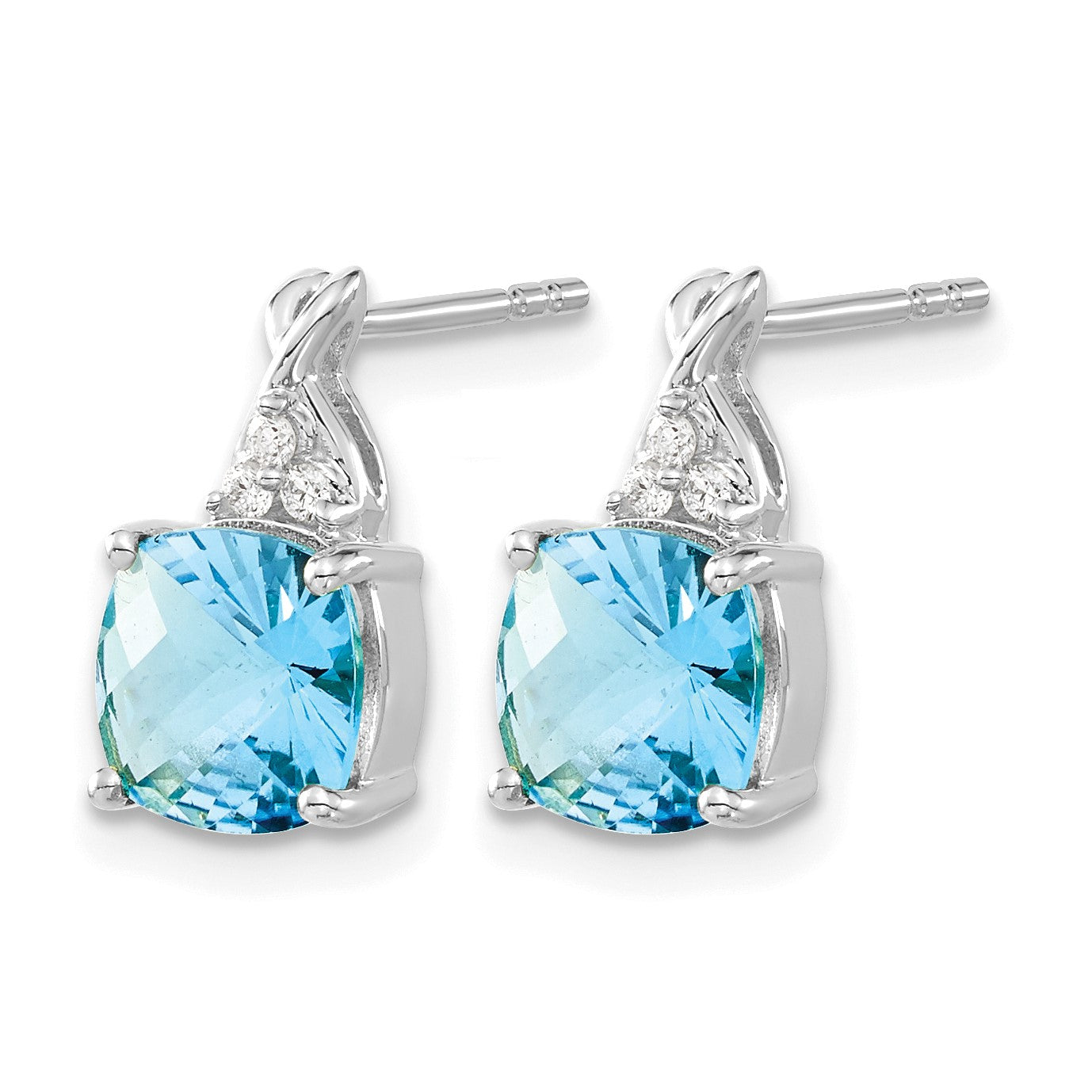14k White Gold 7mm Cushion Checkerboard December/Blue Topaz and Diamond Post Earrings