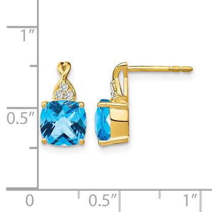 14k 7mm Cushion Checkerboard December/Blue Topaz and Diamond Post Earrings
