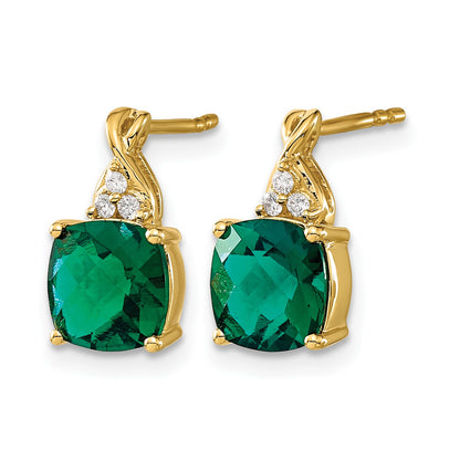 14k 7mm Cushion Checkerboard May/Lab Created Emerald and Diamond Post Earrings