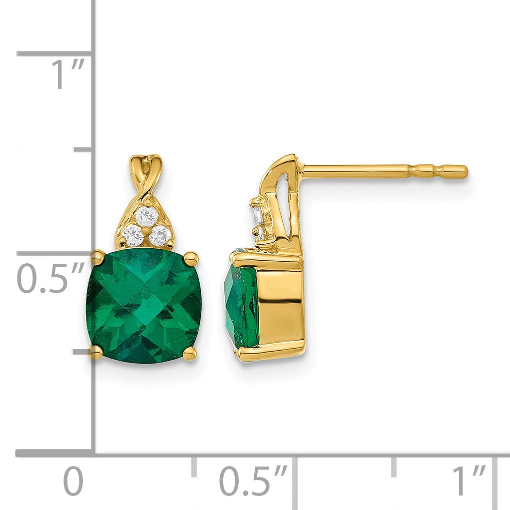14k 7mm Cushion Checkerboard May/Lab Created Emerald and Diamond Post Earrings