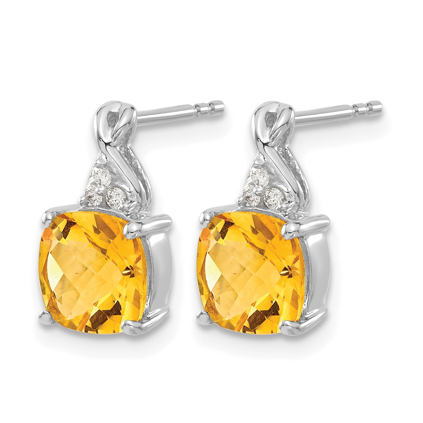 14k White Gold 7mm Cushion Checkerboard November/Citrine and Diamond Post Earrings