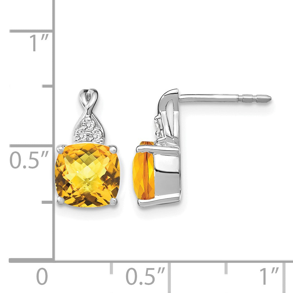 14k White Gold 7mm Cushion Checkerboard November/Citrine and Diamond Post Earrings