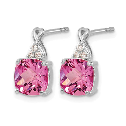 14k White Gold 7mm Cushion Checkerboard October/Lab Created Pink Sapphire and Diamond Post Earrings