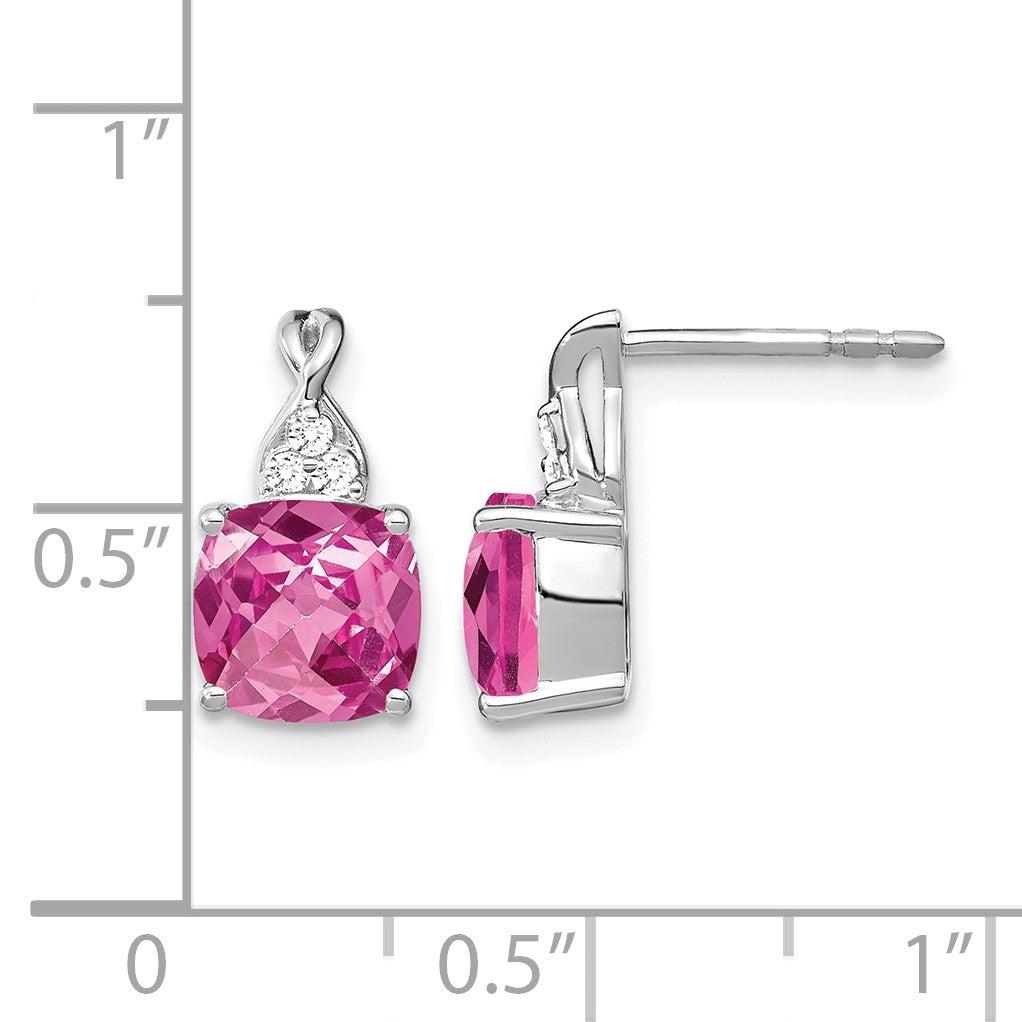 14k White Gold 7mm Cushion Checkerboard October/Lab Created Pink Sapphire and Diamond Post Earrings