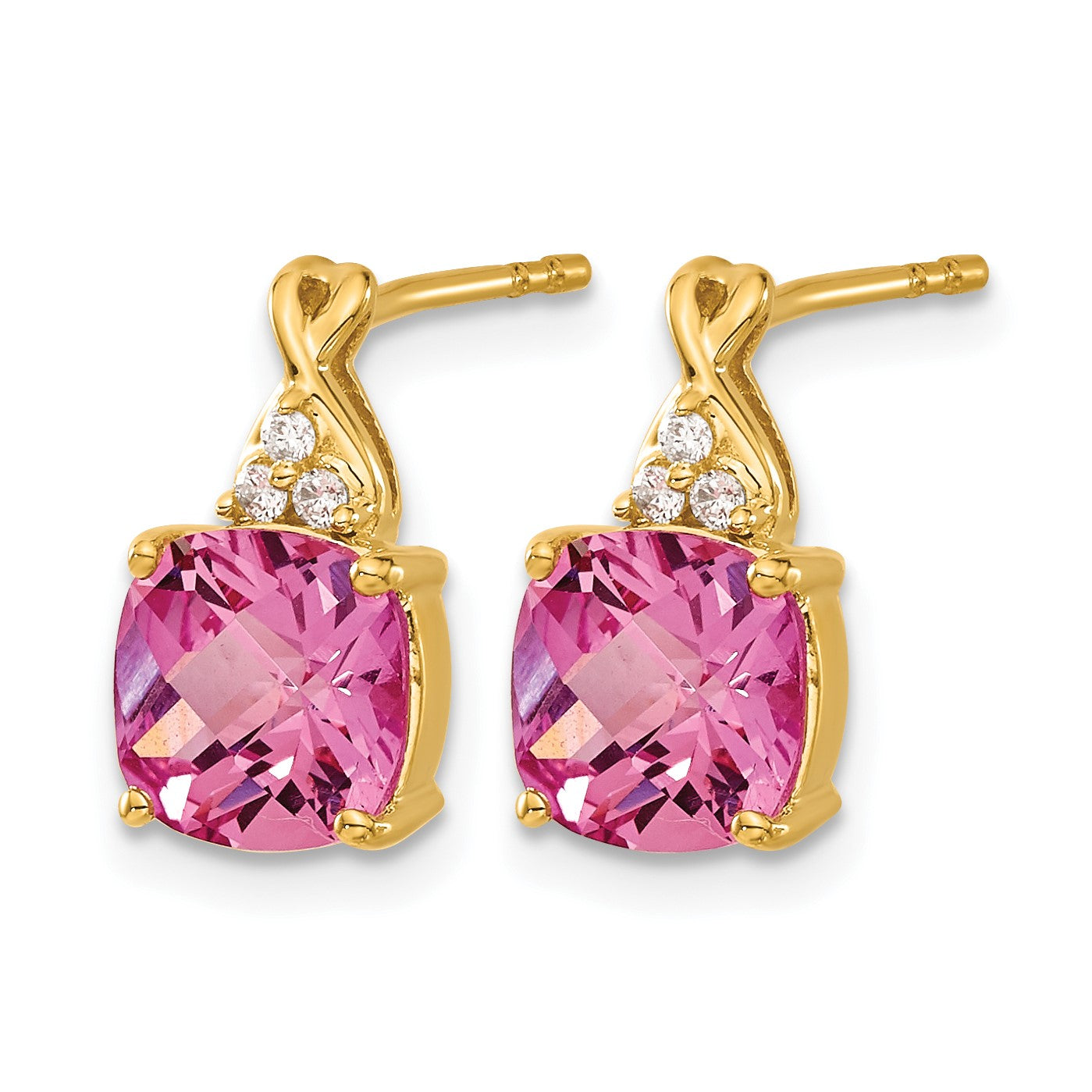 14k 7mm Cushion Checkerboard October/Lab Created Pink Sapphire and Diamond Post Earrings