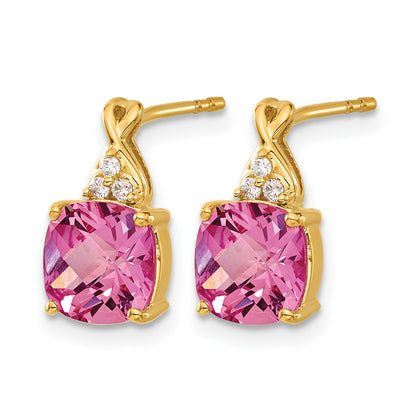 14k 7mm Cushion Checkerboard October/Lab Created Pink Sapphire and Diamond Post Earrings