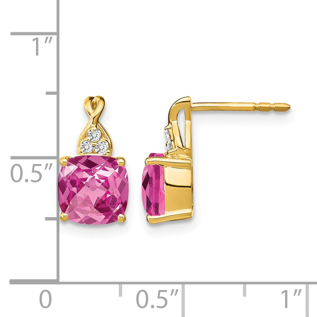 14k 7mm Cushion Checkerboard October/Lab Created Pink Sapphire and Diamond Post Earrings