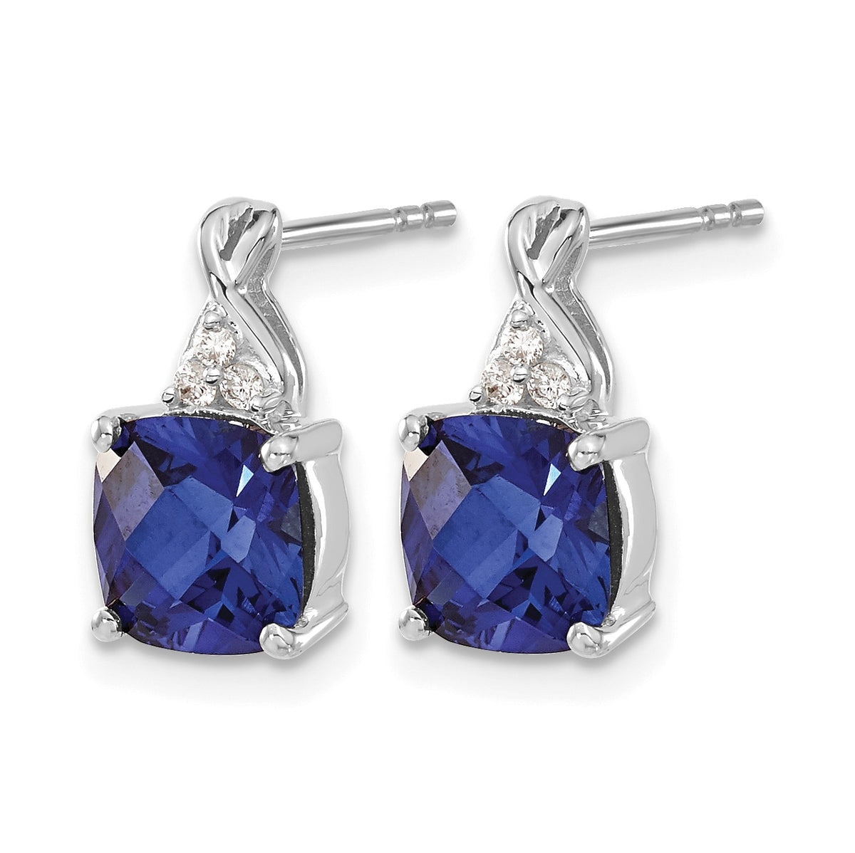 14k White Gold 7mm Cushion Checkerboard September/Lab Created Sapphire and Diamond Post Earrings