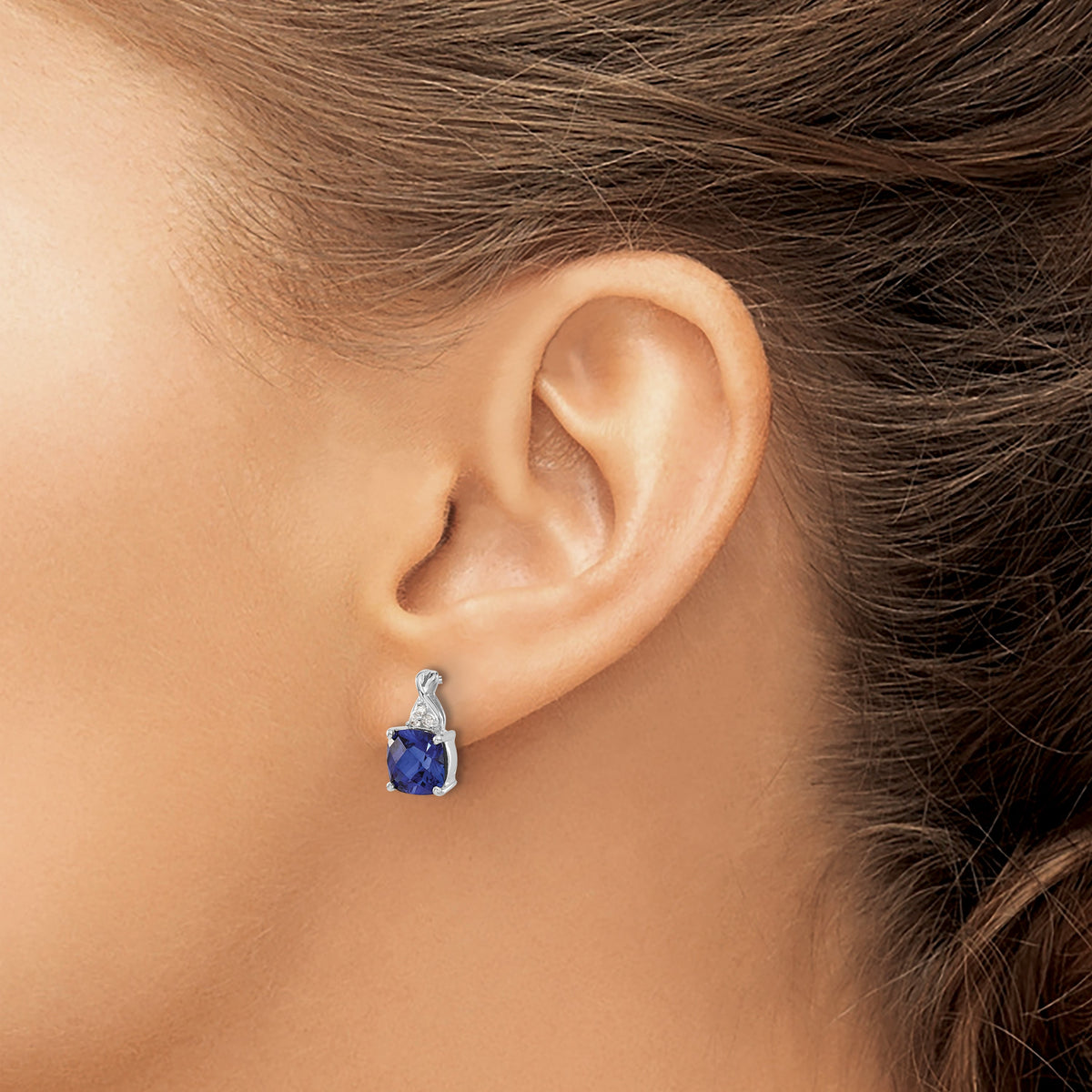 14k White Gold 7mm Cushion Checkerboard September/Lab Created Sapphire and Diamond Post Earrings