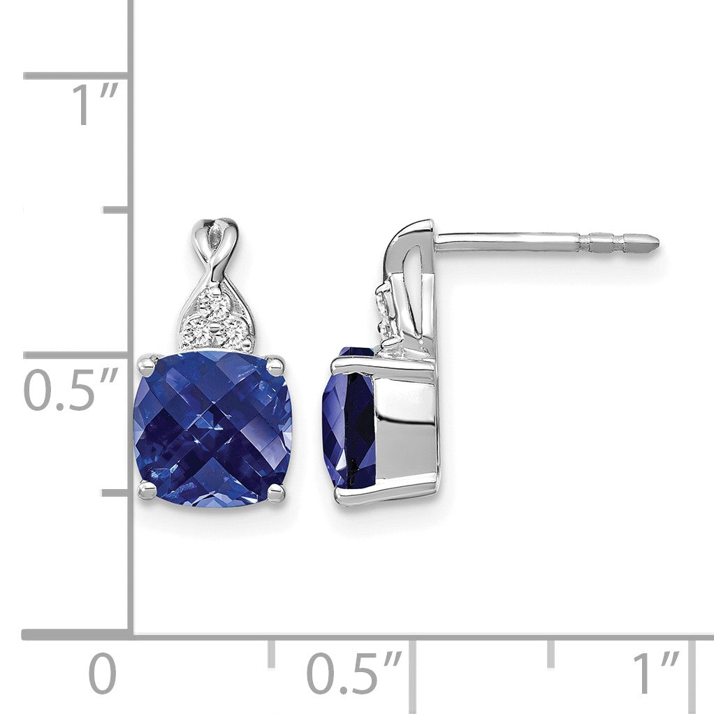 14k White Gold 7mm Cushion Checkerboard September/Lab Created Sapphire and Diamond Post Earrings
