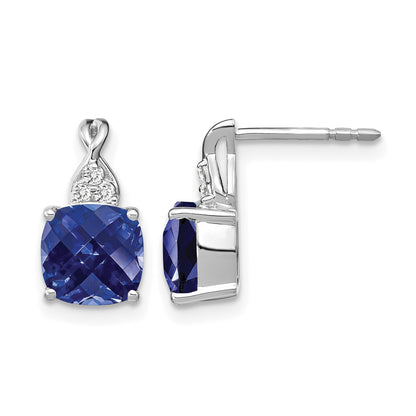 14k White Gold 7mm Cushion Checkerboard September/Lab Created Sapphire and Diamond Post Earrings