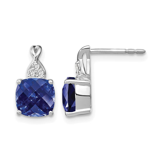 14k White Gold 7mm Cushion Checkerboard September/Lab Created Sapphire and Diamond Post Earrings