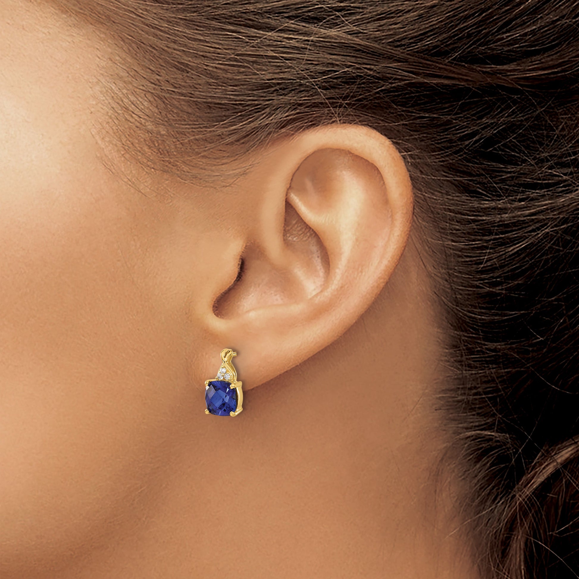 14k 7mm Cushion Checkerboard September/Lab Created Sapphire and Diamond Post Earrings