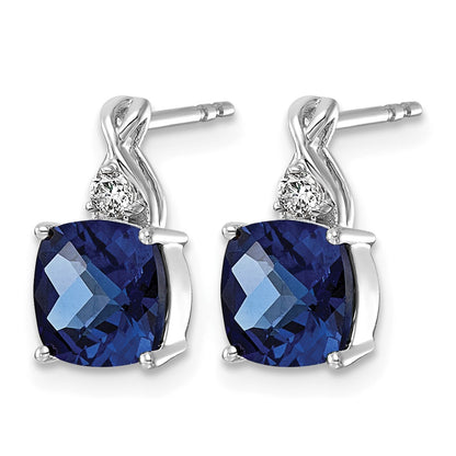 14k White Gold Checkerboard Created Blue Sapphire & Lab Grown Diamond VS/SI+ G+ September Birthstone Complete Earrings