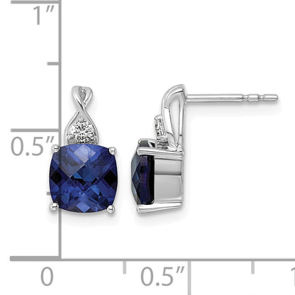 14k White Gold Checkerboard Created Blue Sapphire & Lab Grown Diamond VS/SI+ G+ September Birthstone Complete Earrings