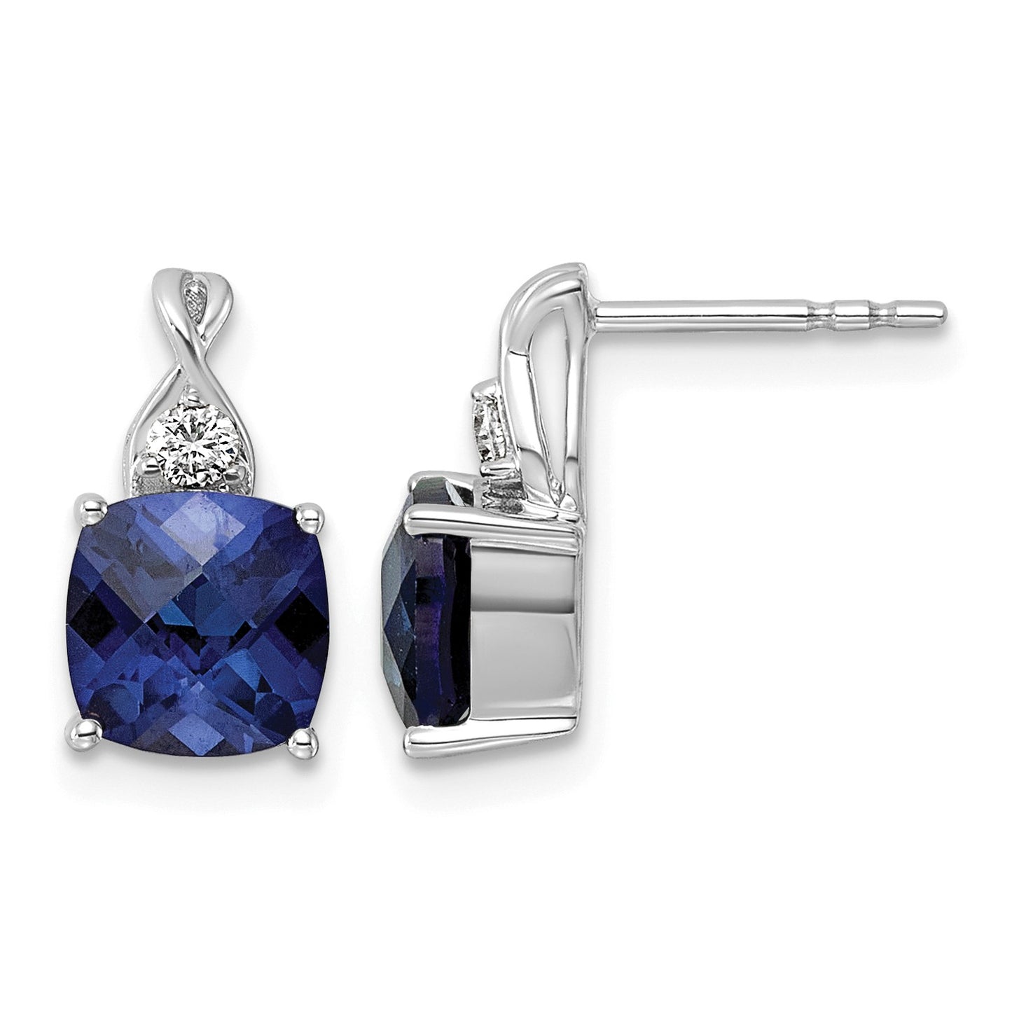 14k White Gold Checkerboard Created Blue Sapphire & Lab Grown Diamond VS/SI+ G+ September Birthstone Complete Earrings