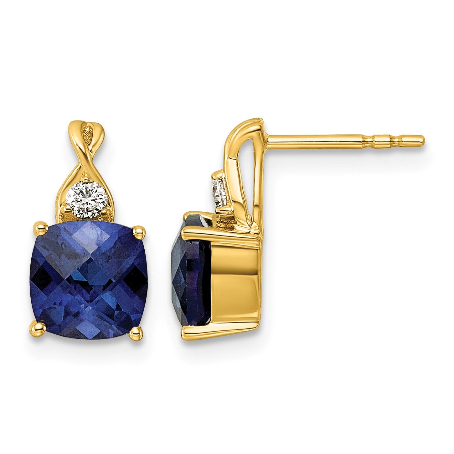 14k Checkerboard Created Blue Sapphire & Lab Grown Diamond VS/SI+ G+ September Birthstone Complete Earrings