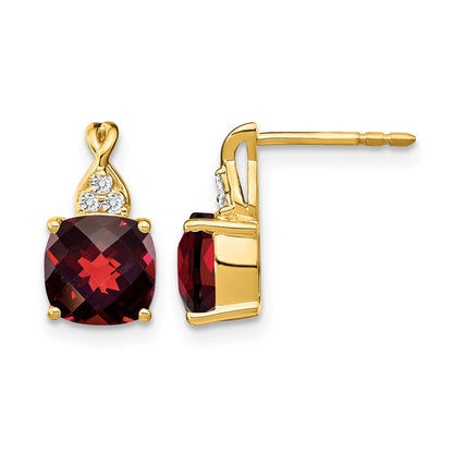 14k 7mm Cushion Checkerboard January/Garnet and Diamond Post Earrings