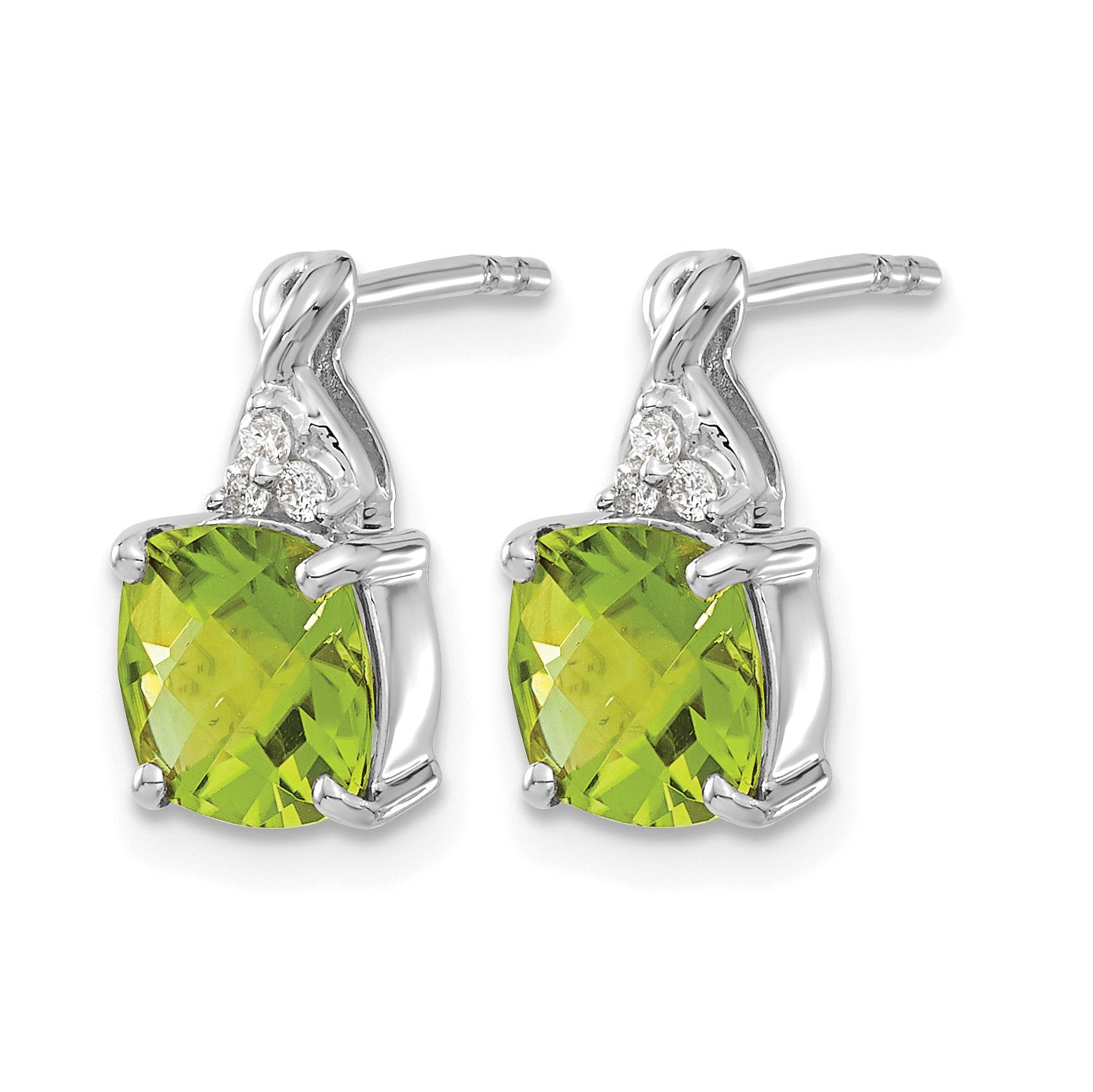 14k White Gold 7mm Cushion Checkerboard August/Peridot and Diamond Post Earrings