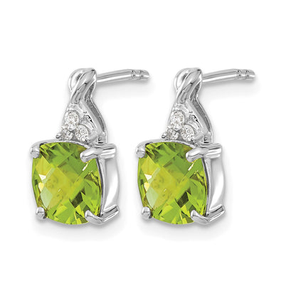 14k White Gold 7mm Cushion Checkerboard August/Peridot and Diamond Post Earrings
