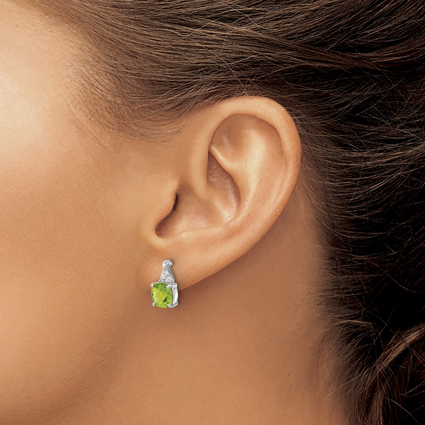 14k White Gold 7mm Cushion Checkerboard August/Peridot and Diamond Post Earrings