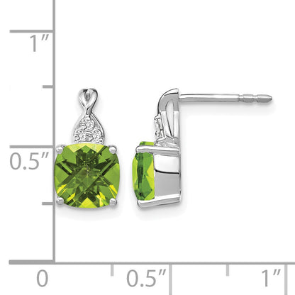 14k White Gold 7mm Cushion Checkerboard August/Peridot and Diamond Post Earrings