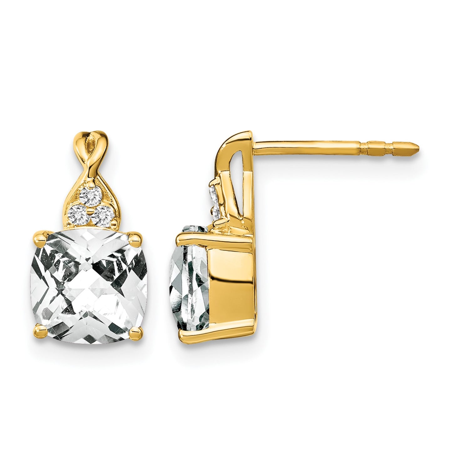 14k 7mm Cushion Checkerboard April/White Topaz and Diamond Post Earrings