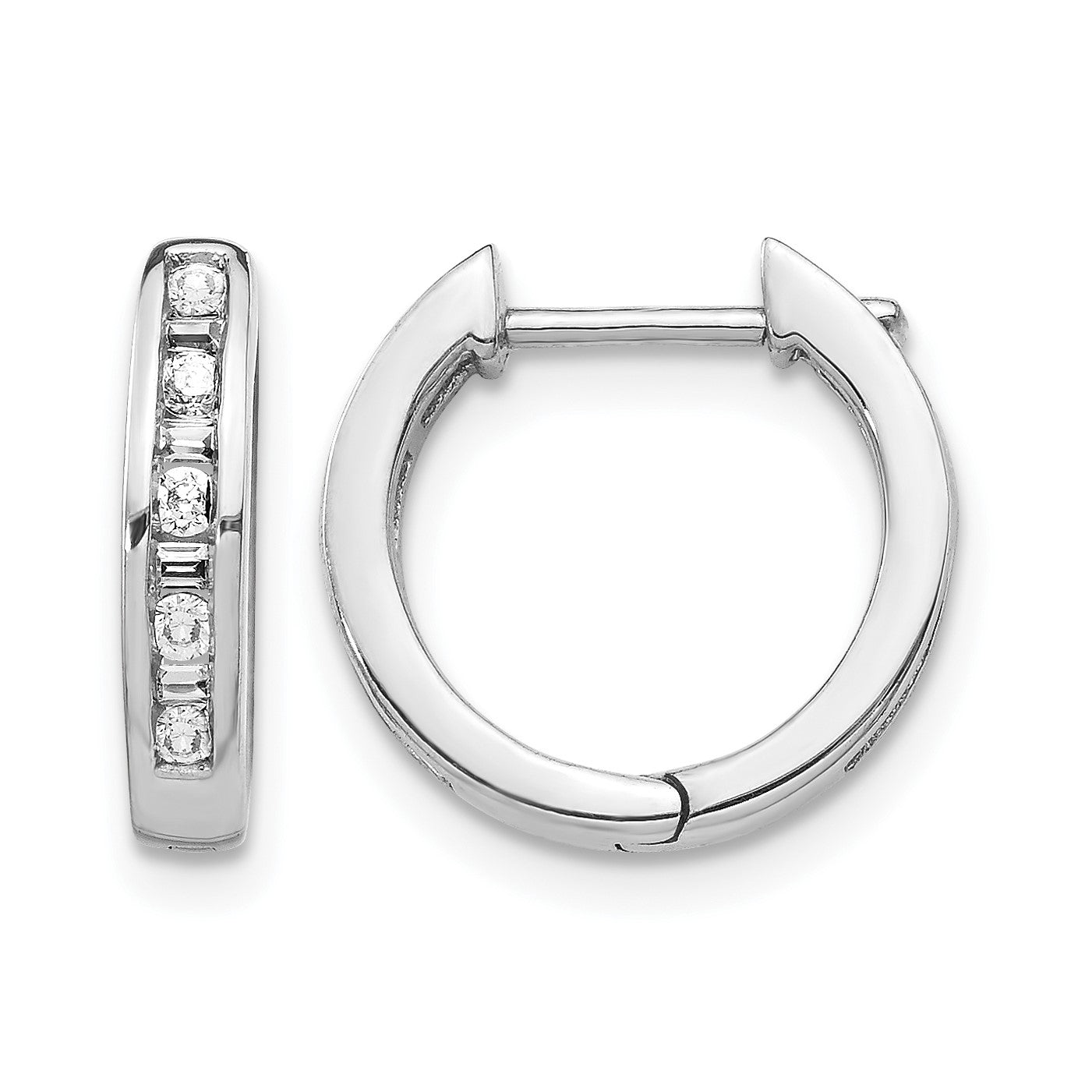 14k White Gold 1/4 carat Round/Baguette Diamond Channel-set Hinged Hoop Earrings