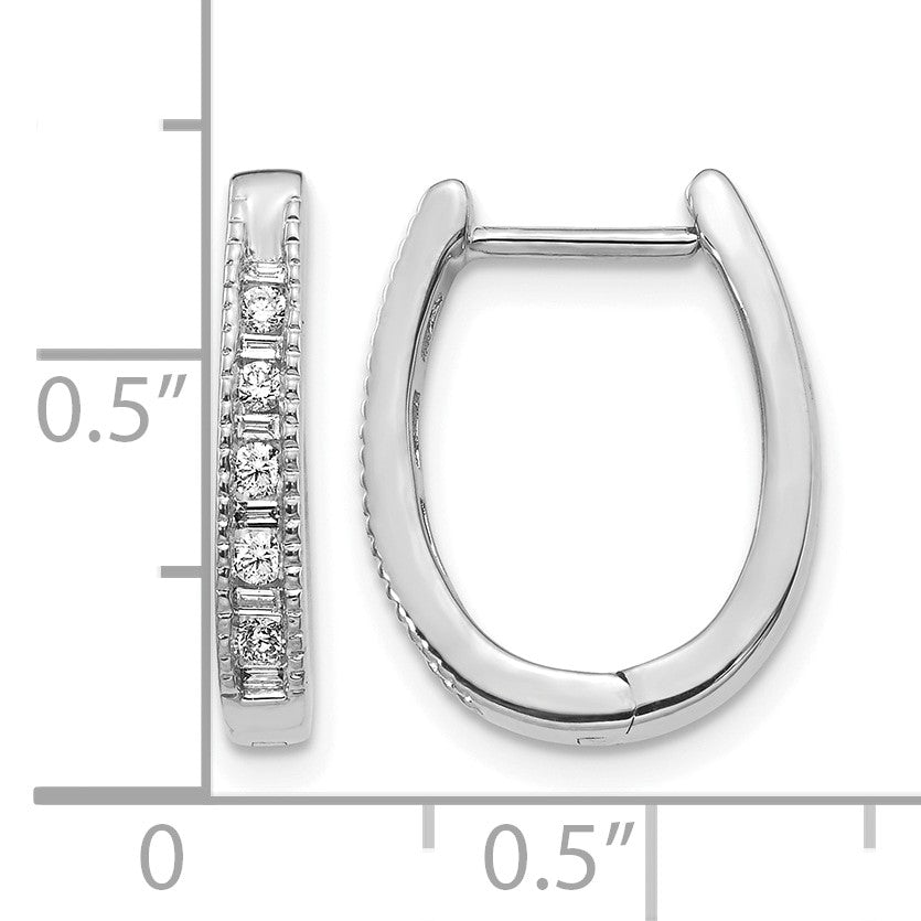 14k White Gold 1/4 carat Round/Baguette Diamond Oval Hinged Hoop Earrings