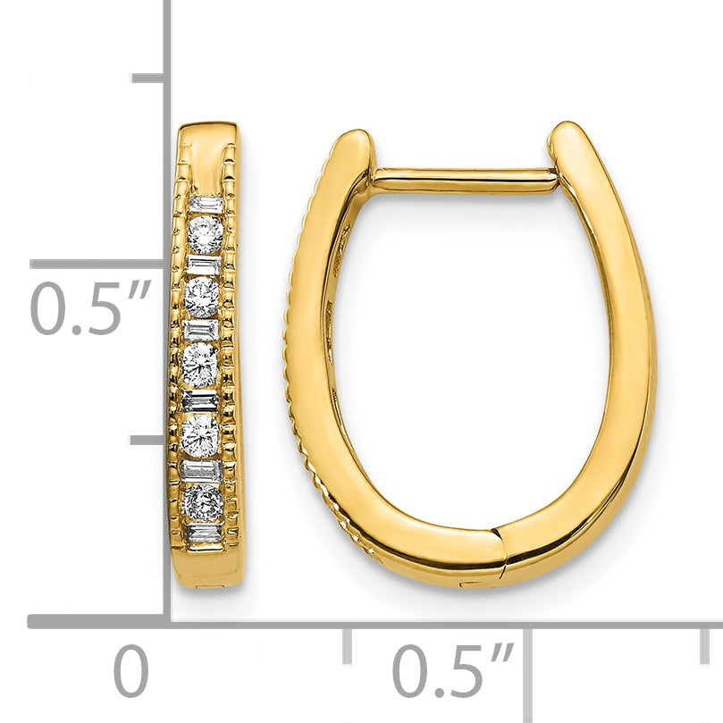 14k 1/4 carat Round/Baguette Diamond Oval Hinged Hoop Earrings