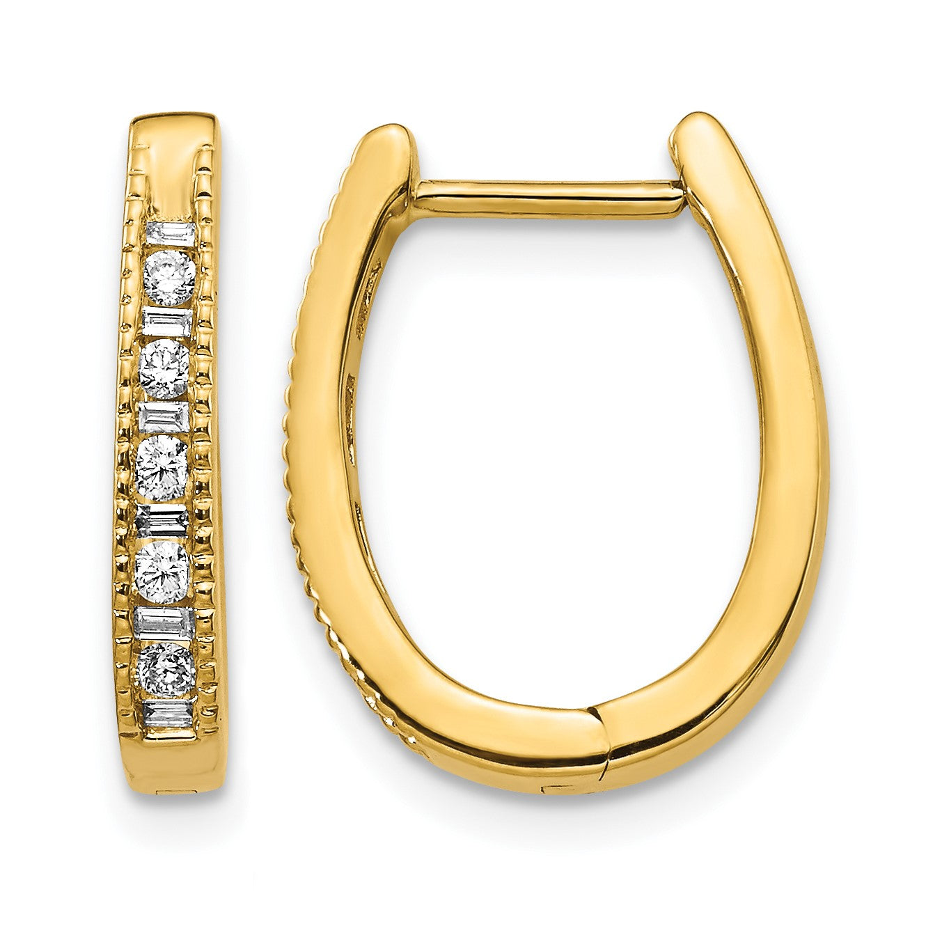 14k 1/4 carat Round/Baguette Diamond Oval Hinged Hoop Earrings