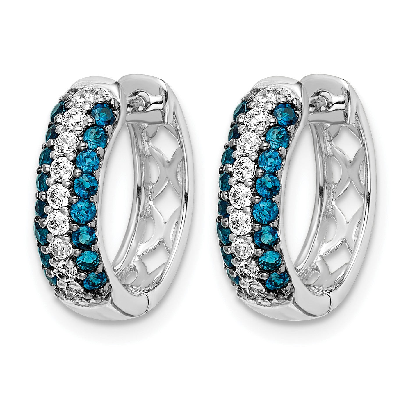 14k White Gold 3-row 1/2 carat White/Blue Diamond Hinged Hoop Earrings