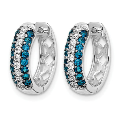 14k White Gold 3-row 1/2 carat White/Blue Diamond Hinged Hoop Earrings
