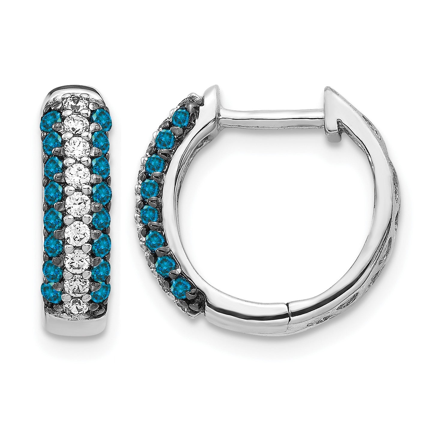 14k White Gold 3-row 1/2 carat White/Blue Diamond Hinged Hoop Earrings