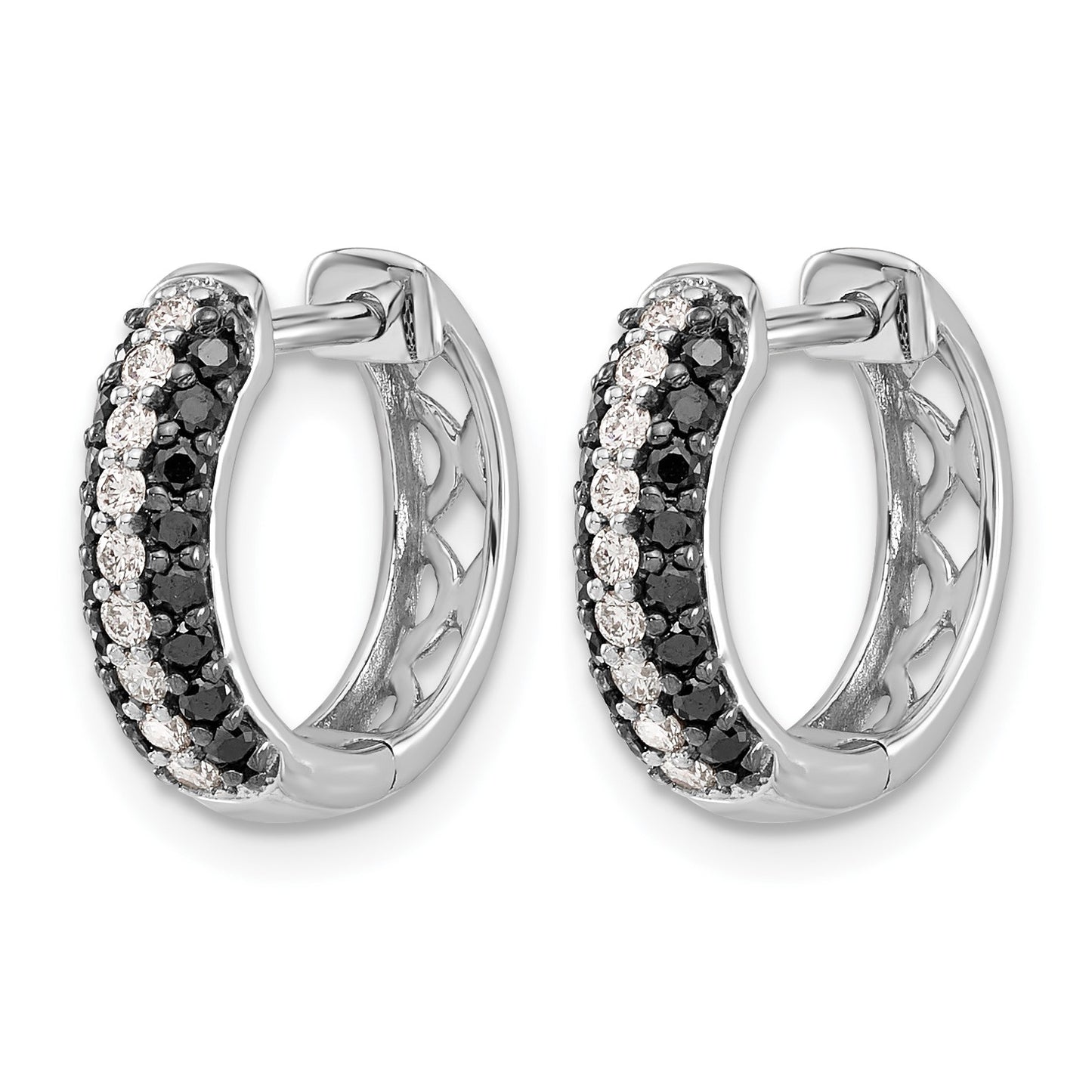 14k White Gold 3-row 1/2 carat White/Black Diamond Hinged Hoop Earrings