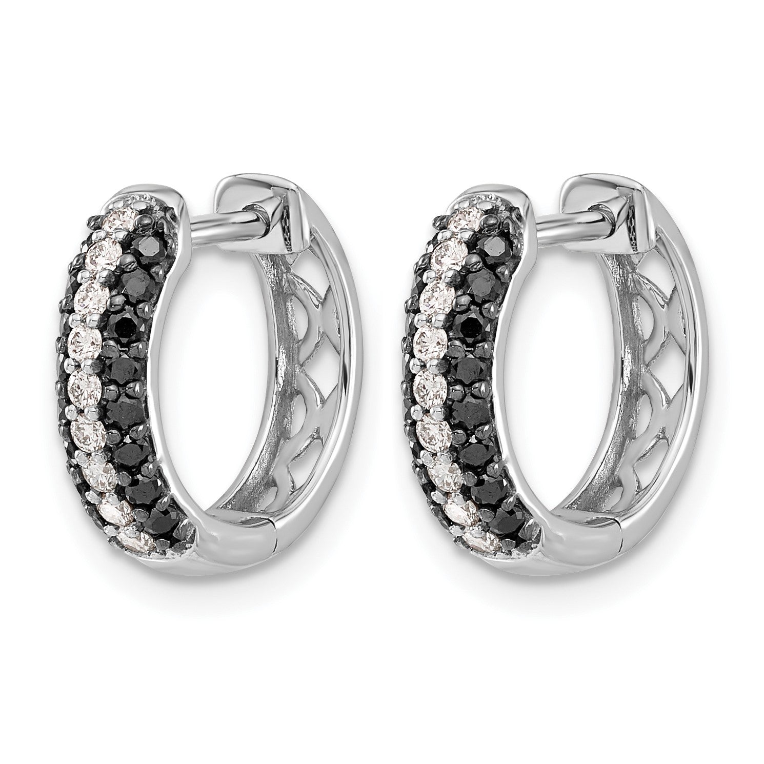14k White Gold 3-row 1/2 carat White/Black Diamond Hinged Hoop Earrings