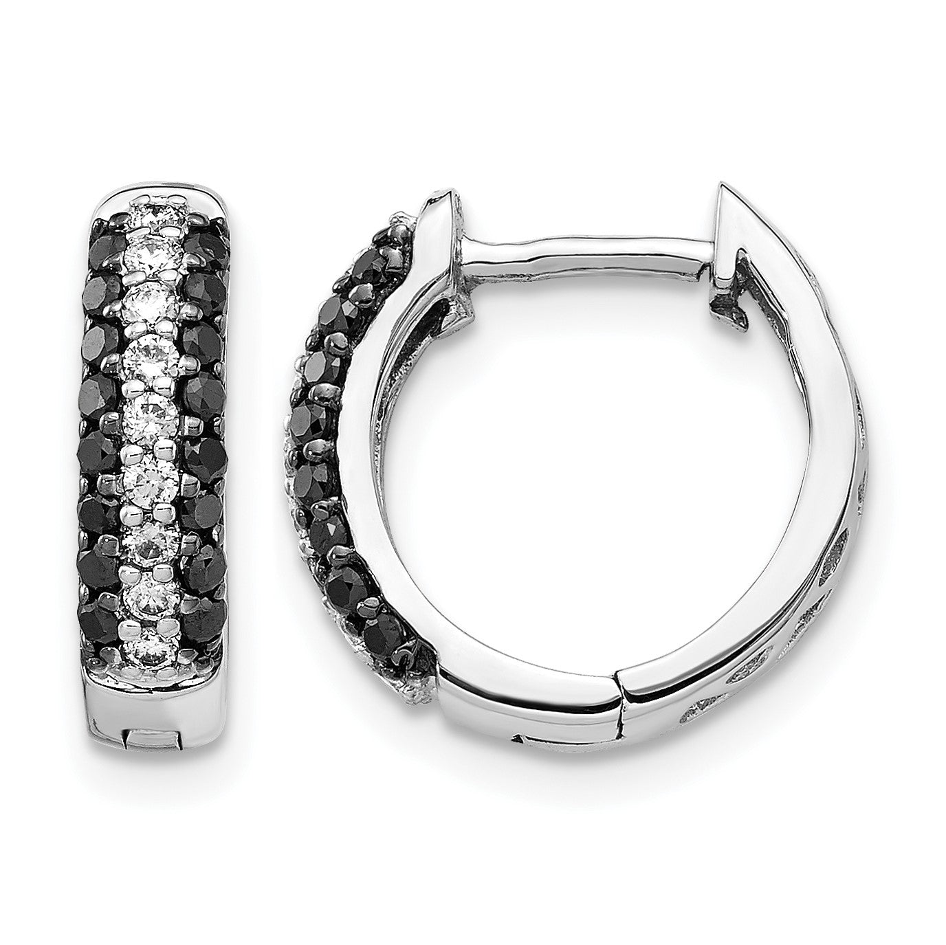 14k White Gold 3-row 1/2 carat White/Black Diamond Hinged Hoop Earrings
