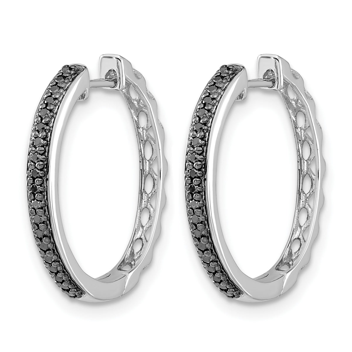 14k White Gold 1/6 carat Black Diamond 2mm Hinged Hoop Earrings