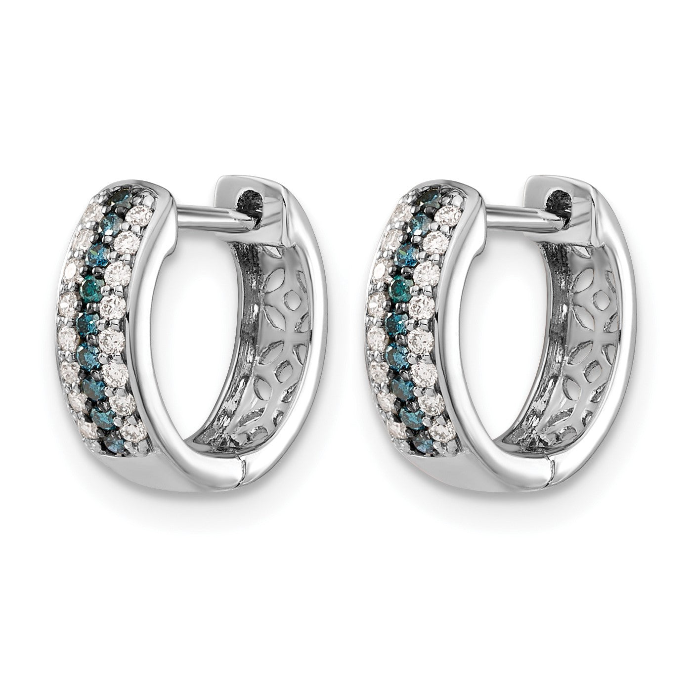 14k White Gold 3-row 1/3 carat Blue/White Diamond Hinged Hoop Earrings