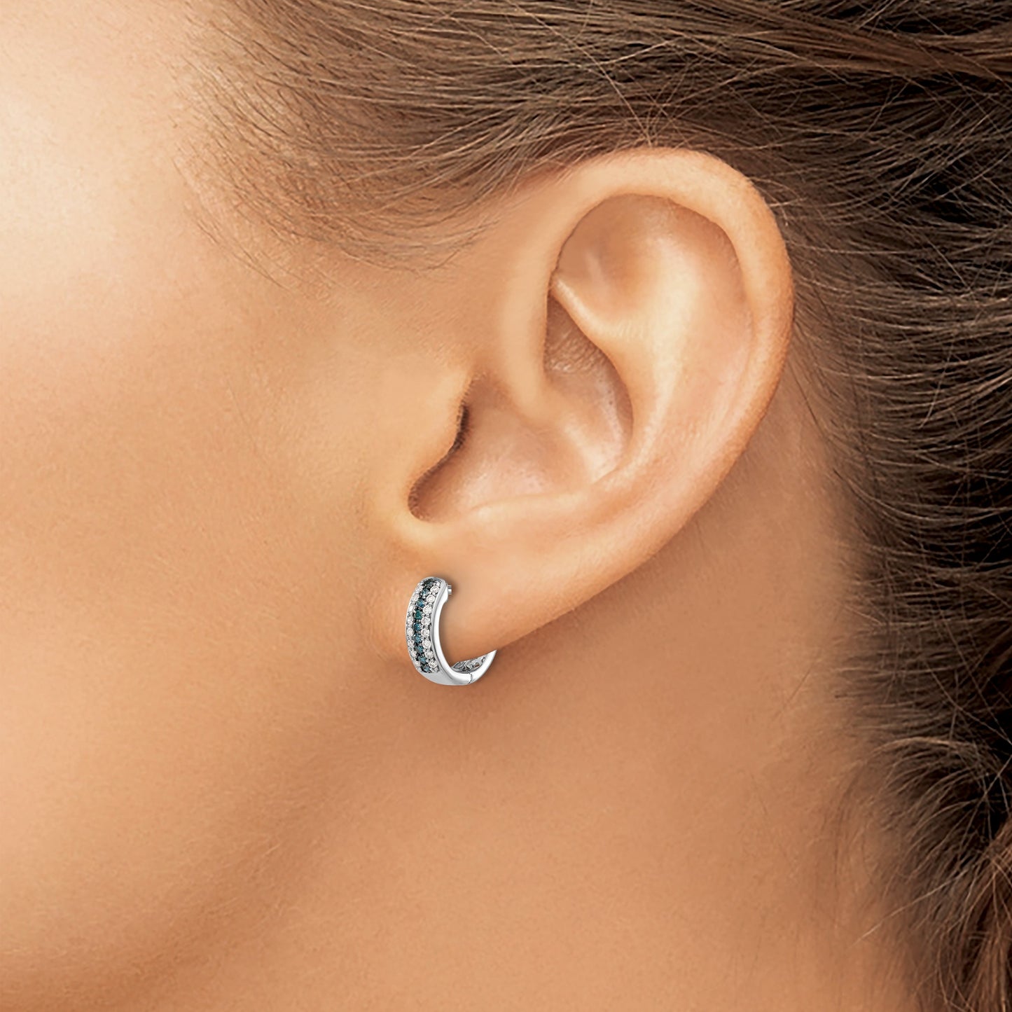 14k White Gold 3-row 1/3 carat Blue/White Diamond Hinged Hoop Earrings