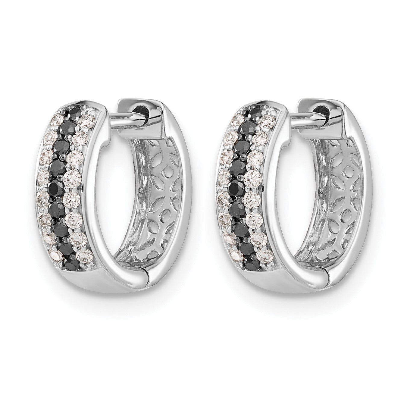 14k White Gold 3-row 1/3 carat Black/White Diamond Hinged Hoop Earrings