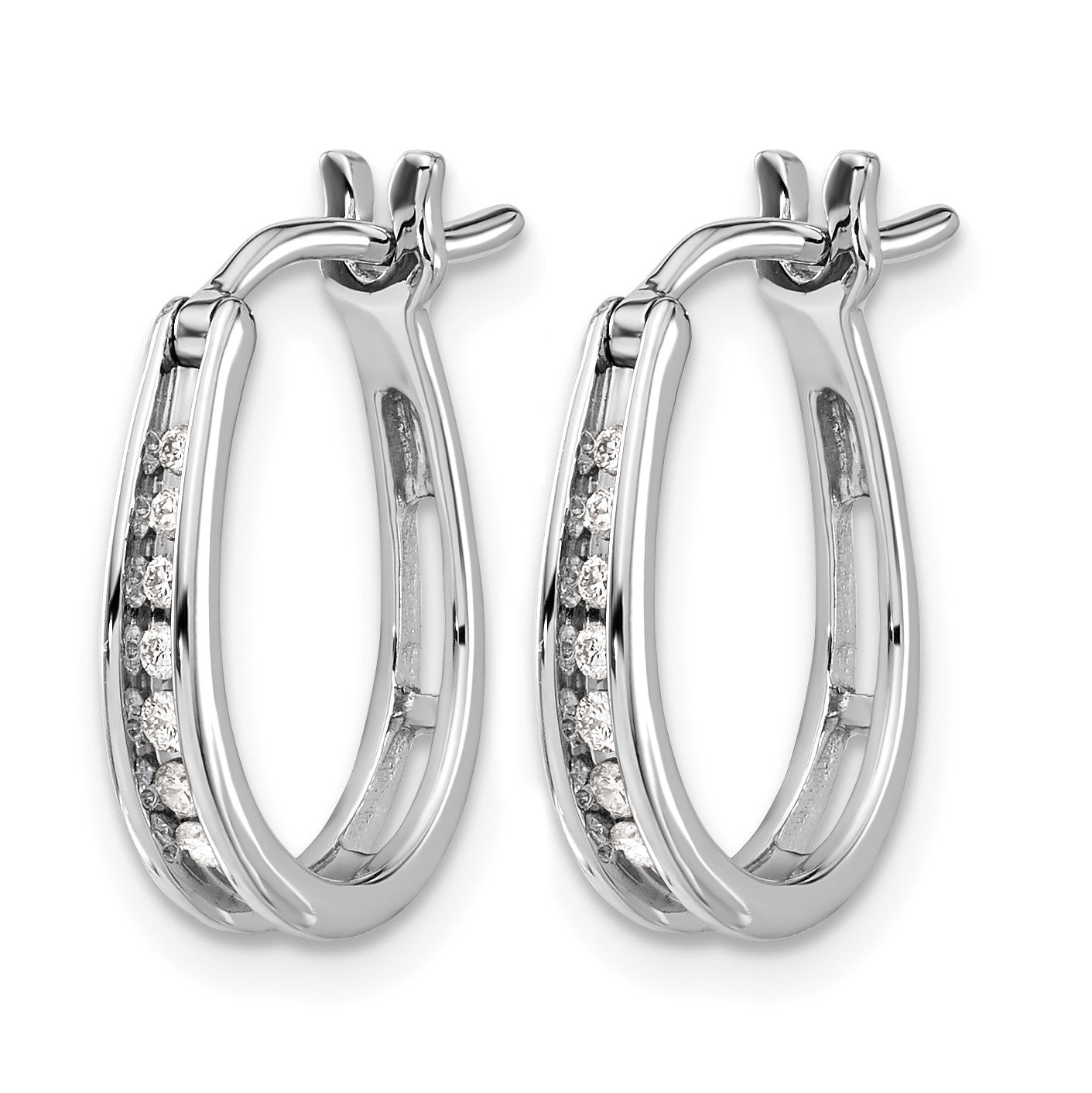 14k White Gold 1/8 carat Diamond Channel-set Graduated Oval Hinged Hoop Earrings